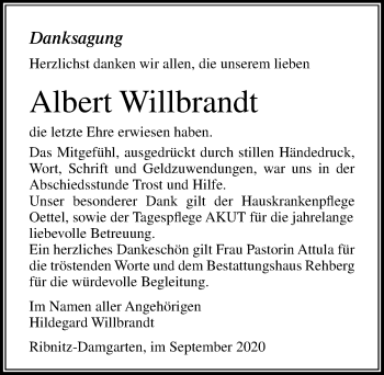 Traueranzeige von Albert Willbrandt von Ostsee-Zeitung GmbH