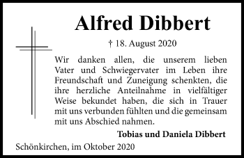 Traueranzeige von Alfred Dibbert von Kieler Nachrichten