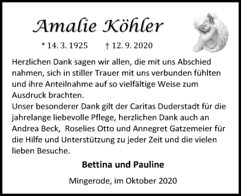 Traueranzeige von Amalie Köhler von Eichsfelder Tageblatt