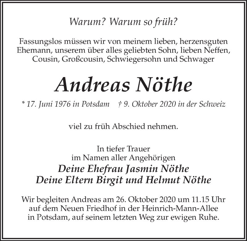  Traueranzeige für Andreas Nöthe vom 17.10.2020 aus Märkischen Allgemeine Zeitung