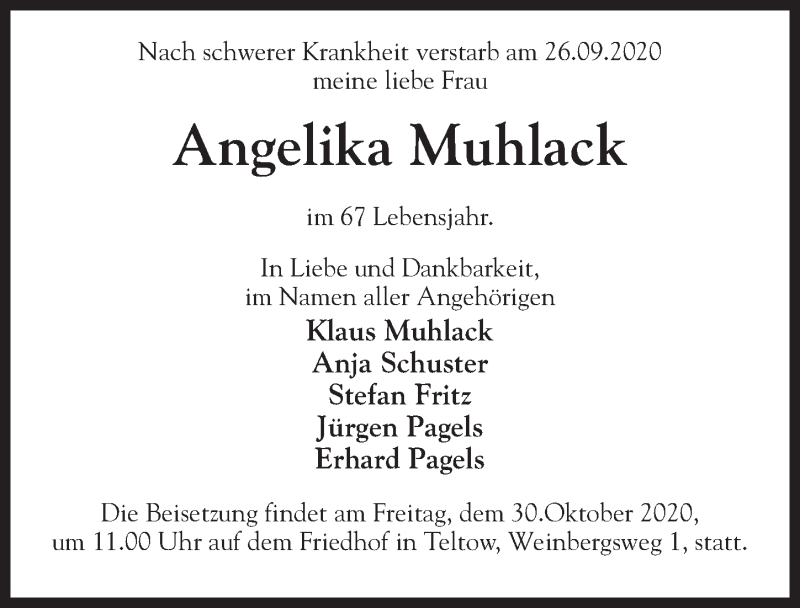  Traueranzeige für Angelika Muhlack vom 17.10.2020 aus Märkischen Allgemeine Zeitung