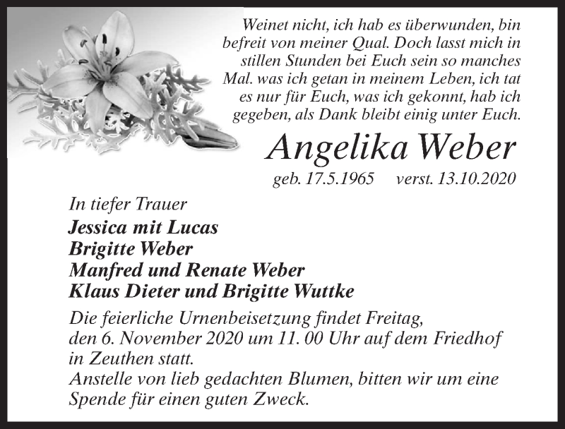  Traueranzeige für Angelika Weber vom 17.10.2020 aus Märkischen Allgemeine Zeitung
