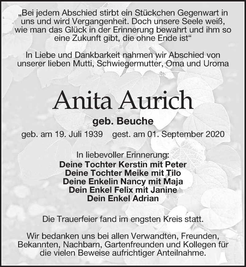 Traueranzeige für Anita Aurich vom 10.10.2020 aus Leipziger Volkszeitung