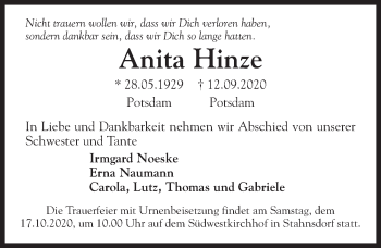 Traueranzeige von Anita Hinze von Märkischen Allgemeine Zeitung
