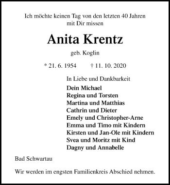 Traueranzeige von Anita Krentz von Lübecker Nachrichten