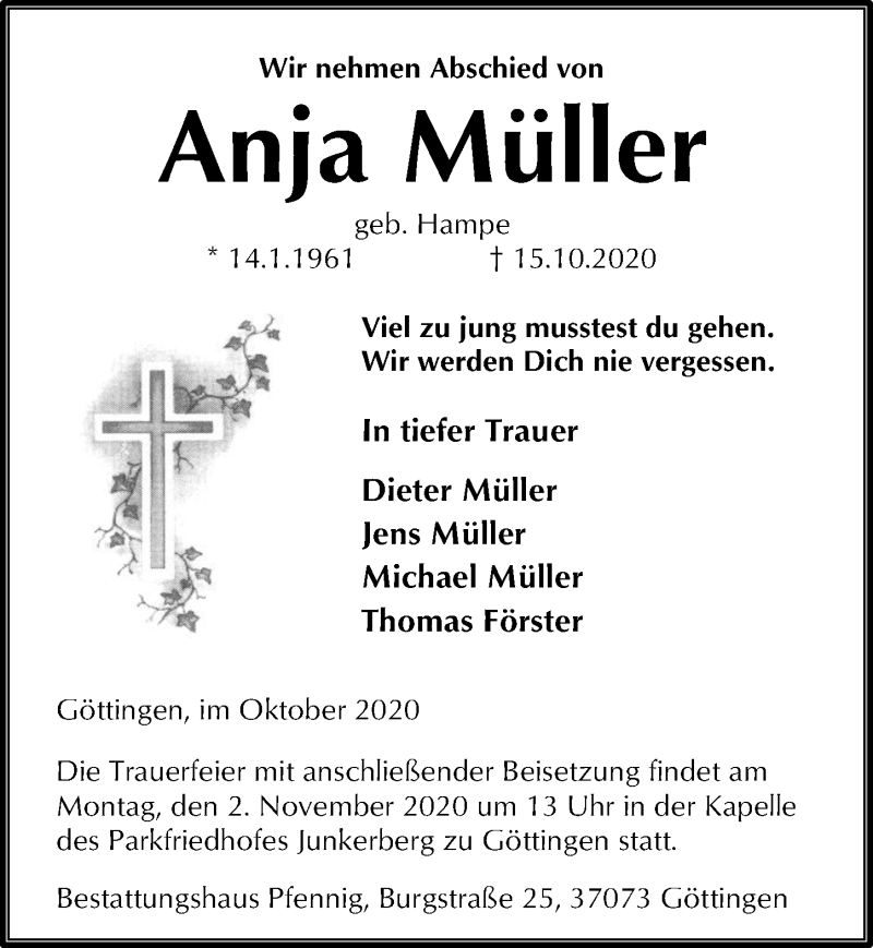  Traueranzeige für Anja Müller vom 24.10.2020 aus Göttinger Tageblatt