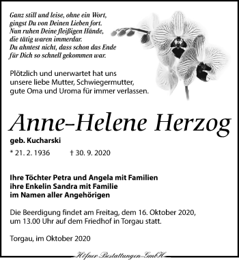 Traueranzeige von Anne-Helene Herzog von Torgauer Zeitung