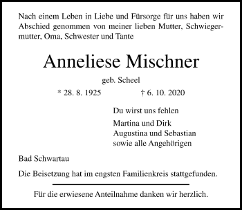 Traueranzeige von Anneliese Mischner von Lübecker Nachrichten