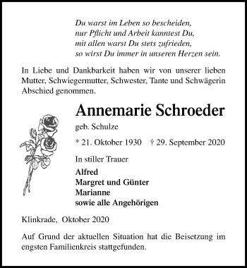 Traueranzeige von Annemarie Schroeder von Lübecker Nachrichten