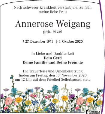 Traueranzeige von Annerose Weigang von Leipziger Volkszeitung