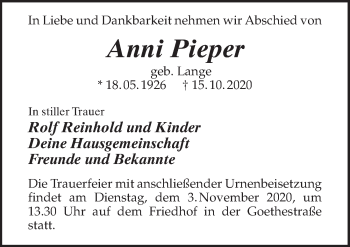 Traueranzeige von Anni Pieper von Märkischen Allgemeine Zeitung