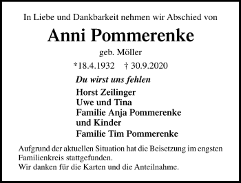 Traueranzeige von Anni Pommerenke von Lübecker Nachrichten