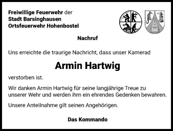 Traueranzeige von Armin Hartwig von Hannoversche Allgemeine Zeitung/Neue Presse
