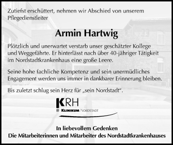 Traueranzeige von Armin Hartwig von Hannoversche Allgemeine Zeitung/Neue Presse