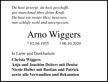 Traueranzeige von Arno Wiggers von Lübecker Nachrichten