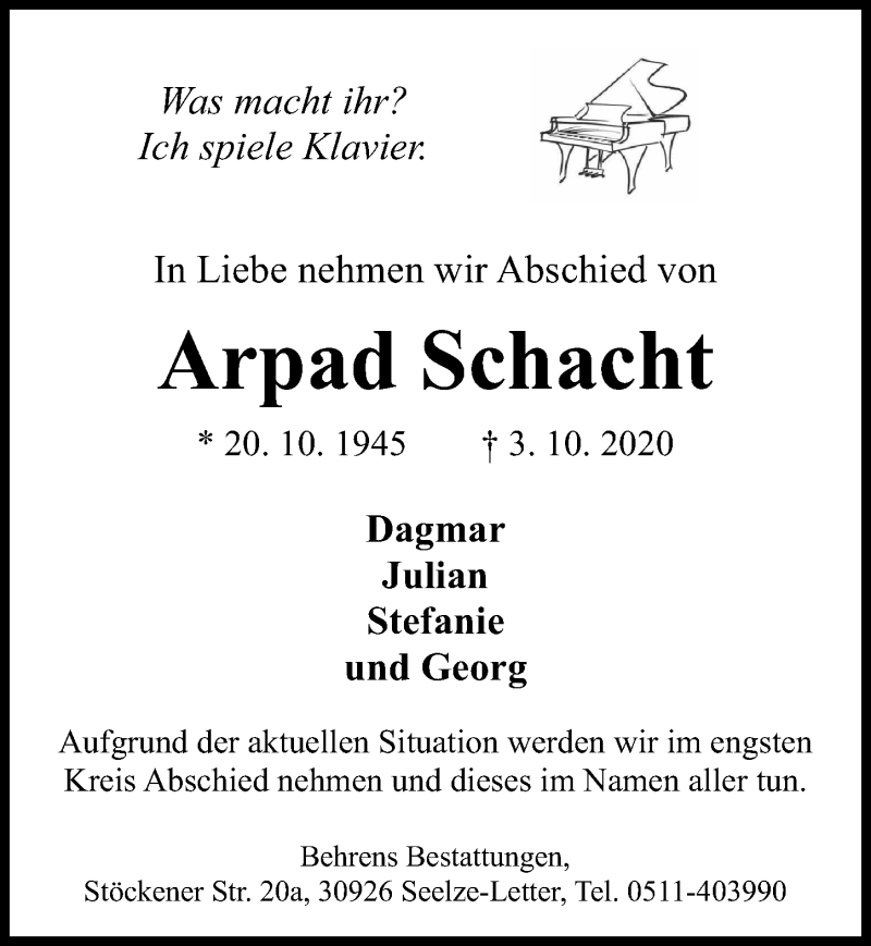  Traueranzeige für Arpad Schacht vom 10.10.2020 aus Hannoversche Allgemeine Zeitung/Neue Presse