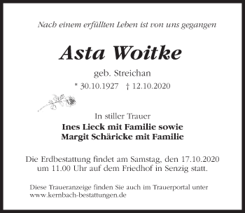 Traueranzeige von Asta Woitke von Märkischen Allgemeine Zeitung