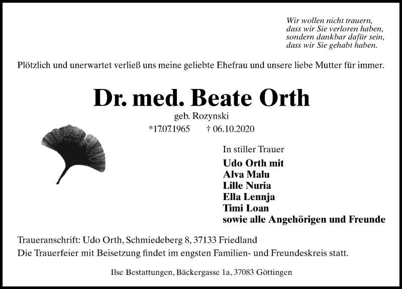  Traueranzeige für Beate Orth vom 24.10.2020 aus Göttinger Tageblatt