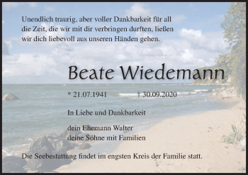 Traueranzeige von Beate Wiedemann von Ostsee-Zeitung GmbH