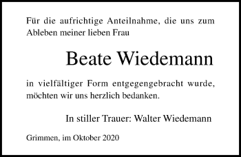 Traueranzeige von Beate Wiedemann von Ostsee-Zeitung GmbH