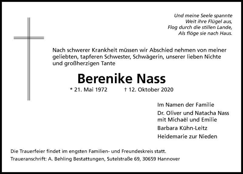  Traueranzeige für Berenike Nass vom 17.10.2020 aus Hannoversche Allgemeine Zeitung/Neue Presse