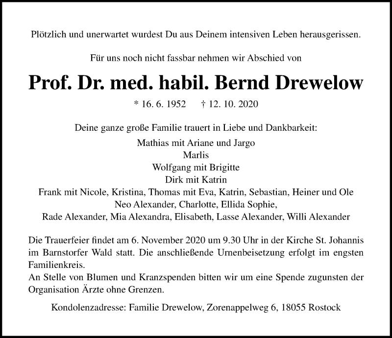  Traueranzeige für Bernd Drewelow vom 17.10.2020 aus Ostsee-Zeitung GmbH