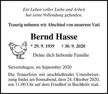 Traueranzeige von Bernd Hasse von Ostsee-Zeitung GmbH