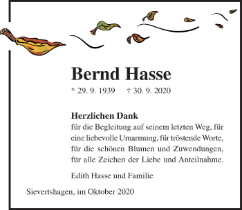 Traueranzeige von Bernd Hasse von Ostsee-Zeitung GmbH