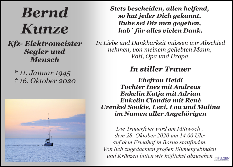  Traueranzeige für Bernd Kunze vom 24.10.2020 aus Leipziger Volkszeitung