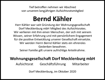 Traueranzeige von Bernd Kähler von Ostsee-Zeitung GmbH