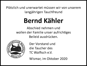 Traueranzeige von Bernd Kähler von Ostsee-Zeitung GmbH
