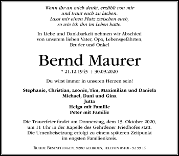 Traueranzeige von Bernd Maurer von Hannoversche Allgemeine Zeitung/Neue Presse