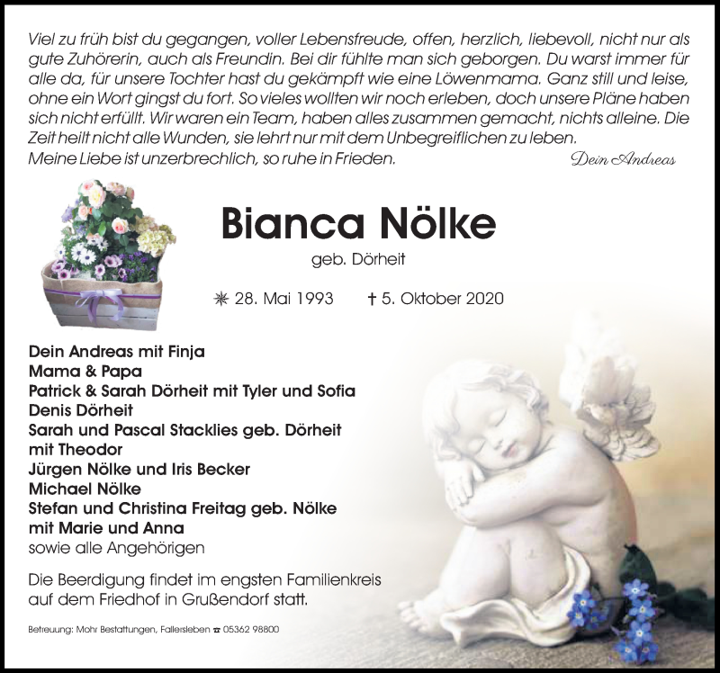  Traueranzeige für Bianca Nölke vom 10.10.2020 aus Aller Zeitung