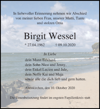 Traueranzeige von Birgit  Wessel von Ostsee-Zeitung GmbH