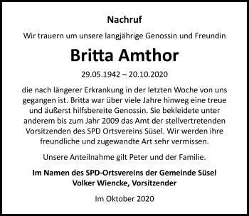 Traueranzeige von Britta Amthor von Lübecker Nachrichten