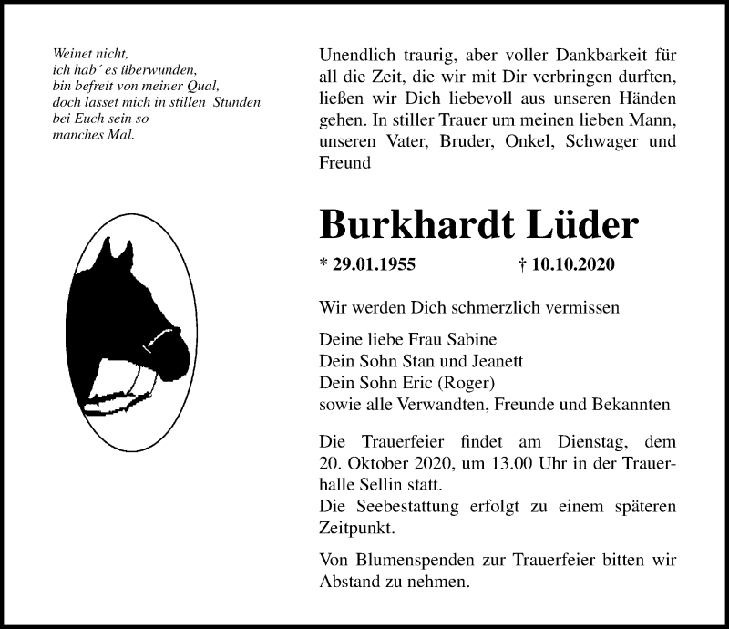  Traueranzeige für Burkhardt Lüder vom 17.10.2020 aus Ostsee-Zeitung GmbH