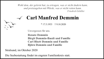 Traueranzeige von Carl Manfred Demmin von Ostsee-Zeitung GmbH