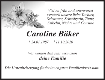 Traueranzeige von Caroline Bäker von Märkischen Allgemeine Zeitung