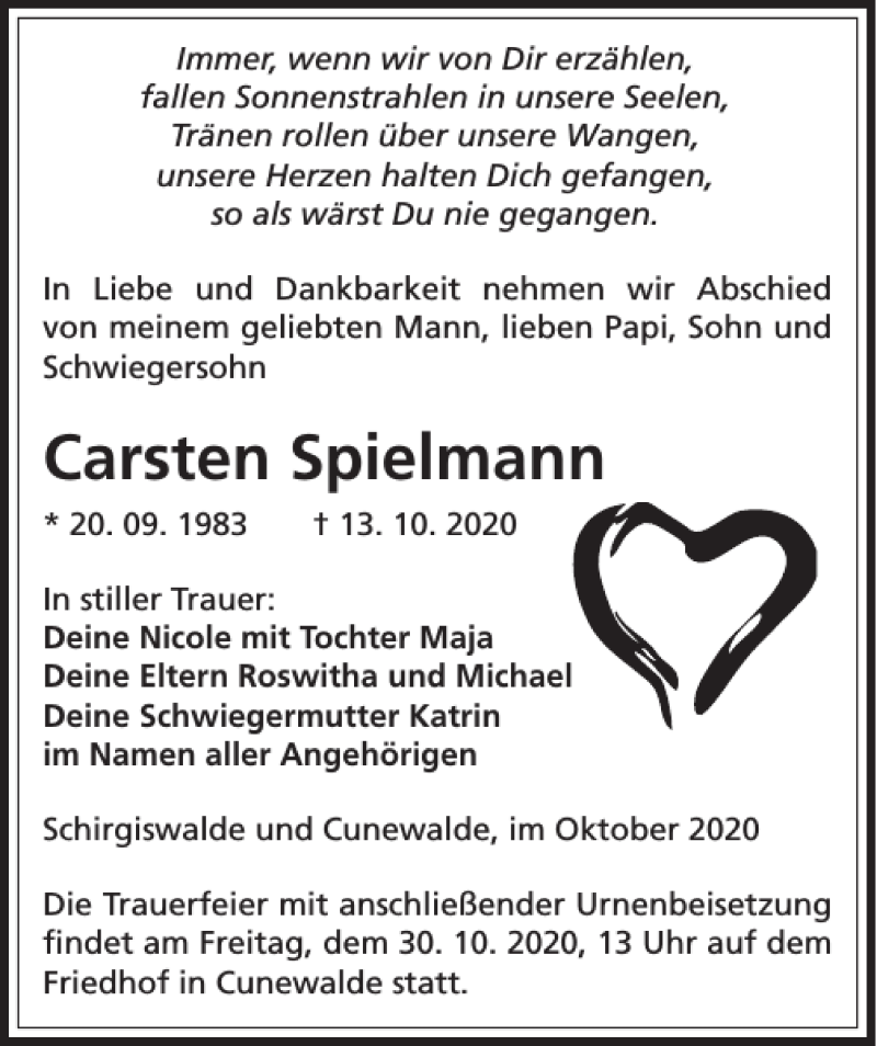  Traueranzeige für Carsten Spielmann vom 23.10.2020 aus Sächsische Zeitung