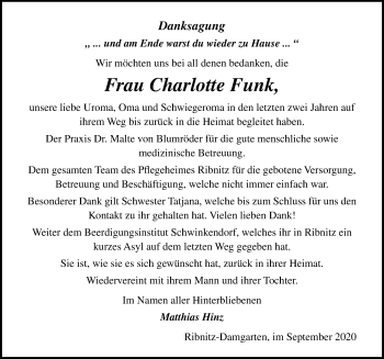 Traueranzeige von Charlotte Funk von Ostsee-Zeitung GmbH