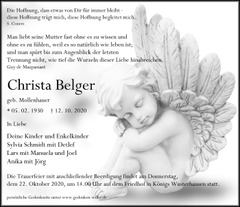 Traueranzeige von Christa Belger von Märkischen Allgemeine Zeitung