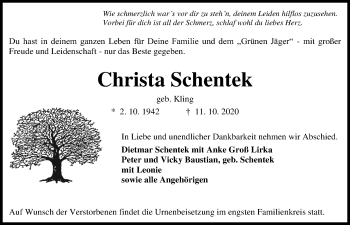 Traueranzeige von Christa Schentek von Kieler Nachrichten