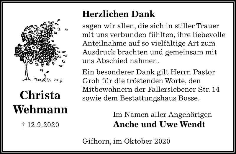  Traueranzeige für Christa Wehmann vom 24.10.2020 aus Aller Zeitung