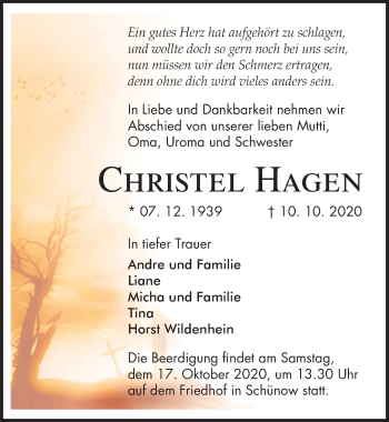 Traueranzeige von Christel Hagen von Märkischen Allgemeine Zeitung