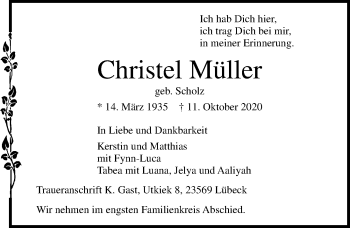 Traueranzeige von Christel Müller von Lübecker Nachrichten