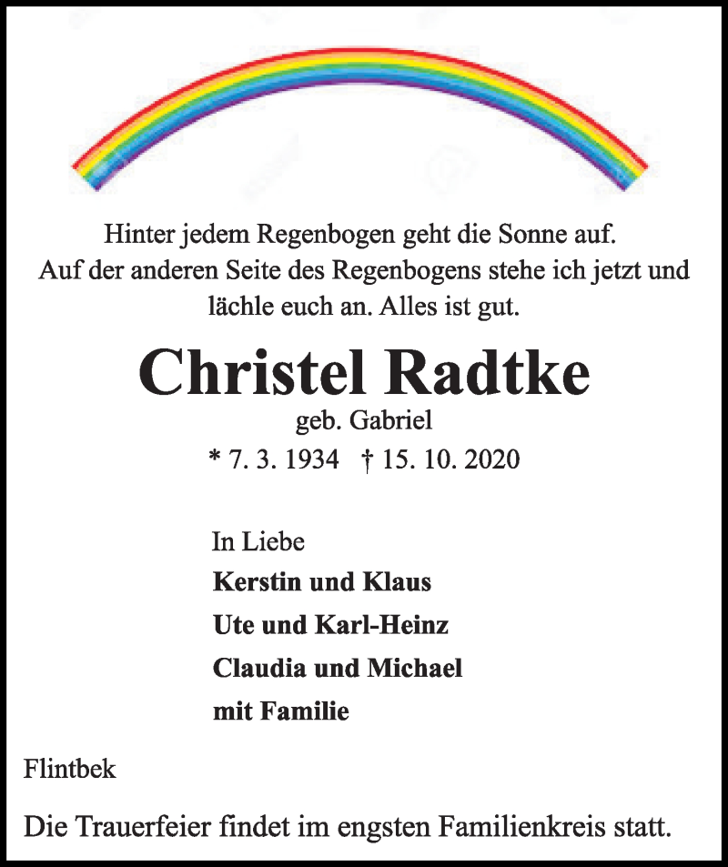 Traueranzeige für Christel Radtke vom 21.10.2020 aus Kieler Nachrichten