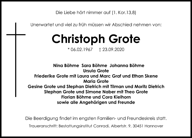  Traueranzeige für Christoph Grote vom 02.10.2020 aus Hannoversche Allgemeine Zeitung/Neue Presse