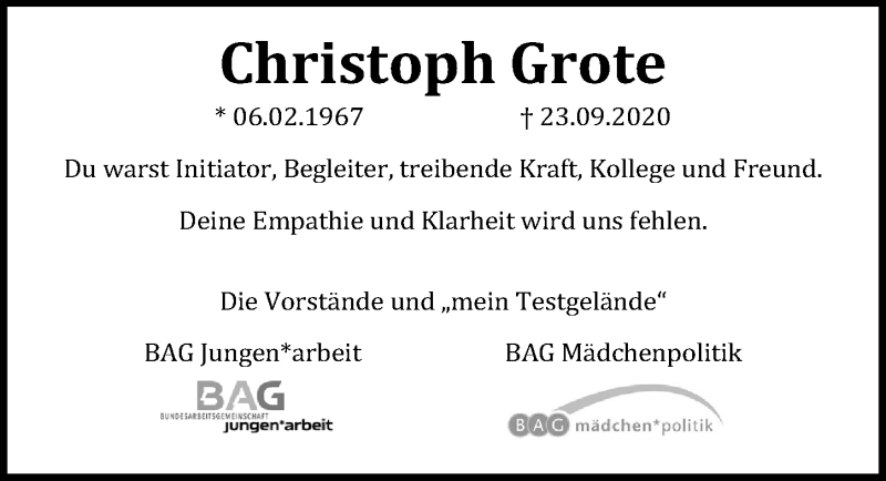  Traueranzeige für Christoph Grote vom 08.10.2020 aus Hannoversche Allgemeine Zeitung/Neue Presse