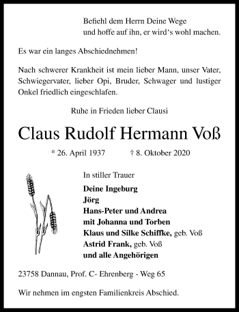 Traueranzeige von Claus Rudolf Hermann Voß von Lübecker Nachrichten