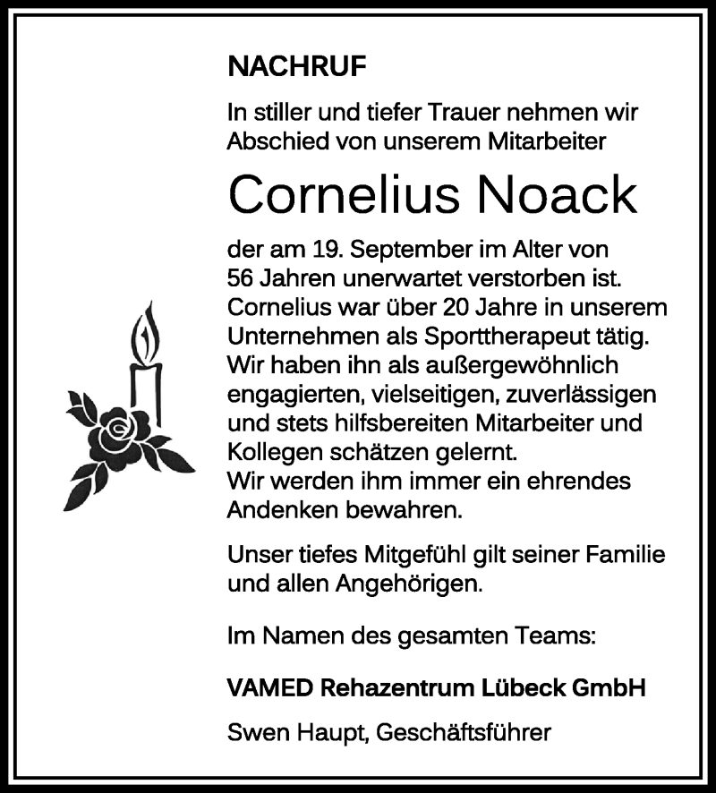  Traueranzeige für Cornelius Noack vom 03.10.2020 aus Lübecker Nachrichten